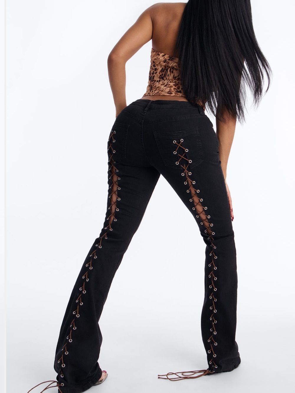 Fashion Nova Black Lace-Up Bootcut Jeans